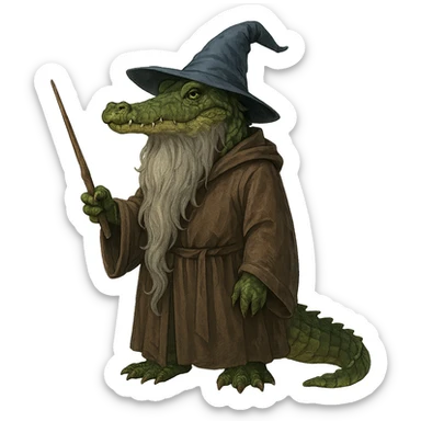 alligator wizard with a long beard and robe, holding a wand sticker