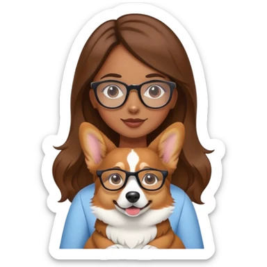 A girl with long brown hair and glasses is holding a corgi sticker