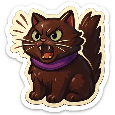 Fluffy angry livid screaming hissing cute dark-brown cat with green eyes and a purple scarf  sticker