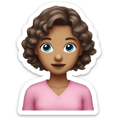Girl with dark brown hair and blue eyes wavy hair and pink shirt sticker