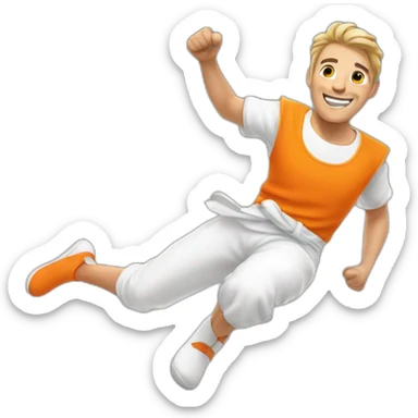 male parcour athlete in orange white cloths, captured mid-air sticker