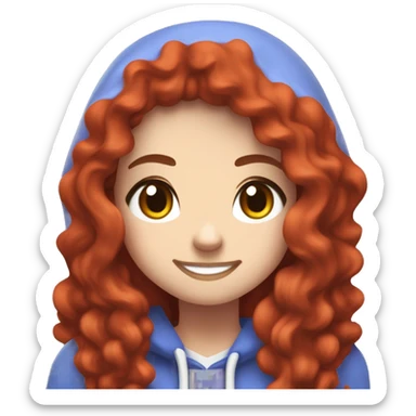 a white girl with long red curly hair and freckles, wearing periwinkle Minecraft hoodie playing a videogame smiling sticker