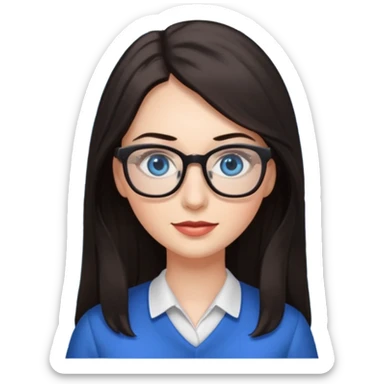 long dark hair, blue eyes, glasses teacher female, eyelashes sticker