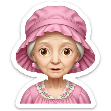 sick old woman with pink night gown, pink bonnet on her head sticker