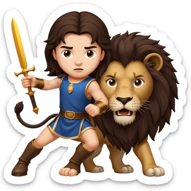 I want a royal child with dark brown long hair, fighting against a lion sticker
