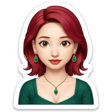 pretty bratz genmoji that looks like tamannah bhatia (bollywood actress), wearing a dark green sweetheart neckline top, dark red hair, light makeup, no necklace, dangly earrings, side hair part, dark brown eyes,  sticker