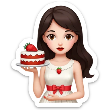 Beautiful woman in 1965’s woman fashion look, white dress, long dark brown hair, strawberry cake sticker