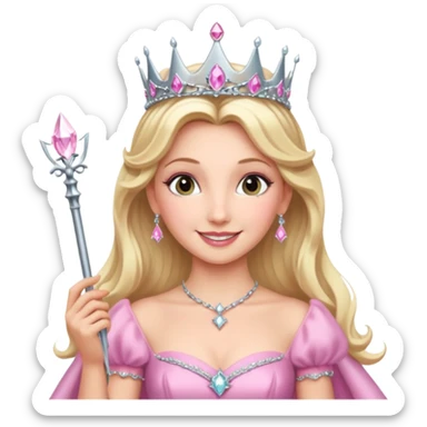 glinda the good witch from wicked movie, blonde hair, beautiful, big silver thin tiara, wand, pink gown sticker