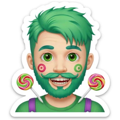 very colorful puffy green haired man just beard  no mustache made out of candy wearing teeth-braces and excessive face tattoos just face  sticker