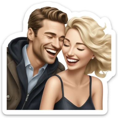 Hyper Realistic beautiful dior model laughing with a handsome male model  sticker