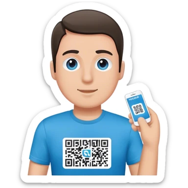 Man with pacific blue t-shirt that read a QRCODE in a ticket sticker