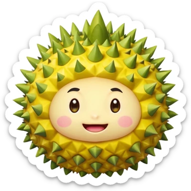 round durian character with green spiky shell and yellow flesh, blushing and shy with sparkly eyes sticker
