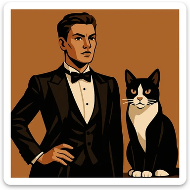 masculine woman with short brown hair and a tuxedo cat, style 2 sticker