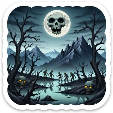 A dark creep Alaskan land scape with rotting trees and zombies rising from the ground infront of evil looking mountains with a cloudy evil moon. sticker