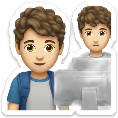 a 12-year-old boy with brown hair and gray eyes works at a PC sticker