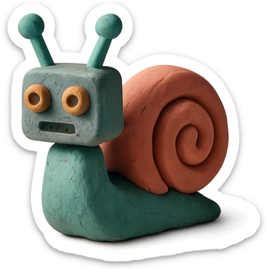 matte plasticine claymation style robot snail with visible fingerprints and pastel colors sticker