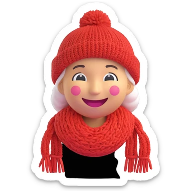 3D smiley emoji, round shape, grandmother wearing a knitted purple hat with yarn, smiling face sticker