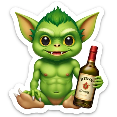 A gremlin holding a Hennessy bottle sticker