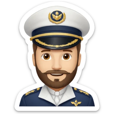 A light-skinned man with brown eyes and a beard, smiling while wearing a white captain’s hat with a navy emblem. sticker