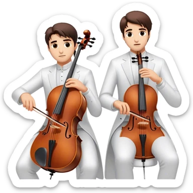 a portrait of 2cellos, focusing on their upper half. both wear elegant white outfits, holding their cellos with confident expressions, set against a bright, minimal background. sticker