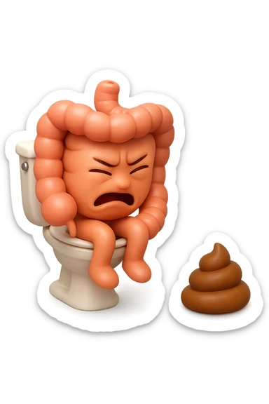 EMOJI STILE IPHONE 3D DI UN INTESTINO CHE sta seduto sul wc e davanti ha una montagnetta di feci a palline stile emoji iphone, fallo senza naso e FAGLI UN ESPRESSIONE di dolore mentre si sforza E FALLO MOLTO REALISTICO IN 3D sticker