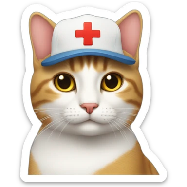 Cat with a cap and a big Red Cross mark on the cap sticker