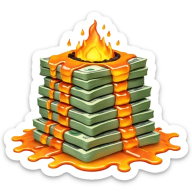 Transform the stack of money into lava money: make the bills appear to be melting and turning into glowing, molten lava with realistic textures and dramatic lighting. Keep the background transparent. The style should reflect a realistic molten lava effect with glowing and melting details. sticker