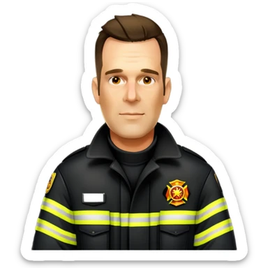 Firefighter in black coat with neon yellow stripes and no hat sticker