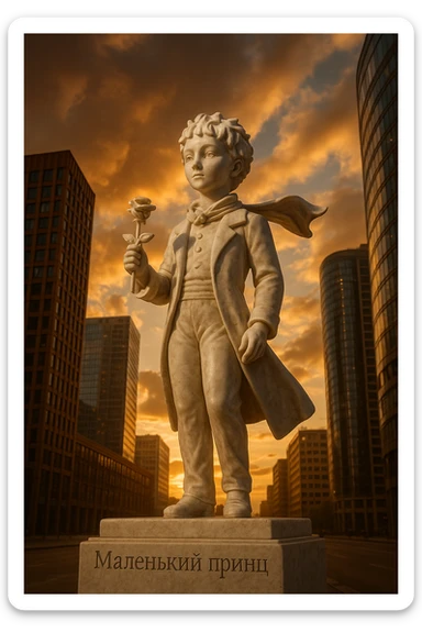 Ultra-realistic full-length marble sculpture of the Little Prince holding a rose in his hand, standing in the middle of a modern city. The pedestal is engraved with 'Маленький принц'. Sunset lighting, dramatic view from below. sticker