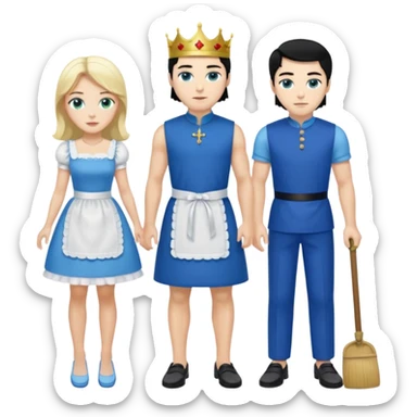 King, black hair, body, legst, blue eyes, blue garmont,  shoes, maid blonde hair, green eyes, sexy short sleveless White dress, shoes sticker