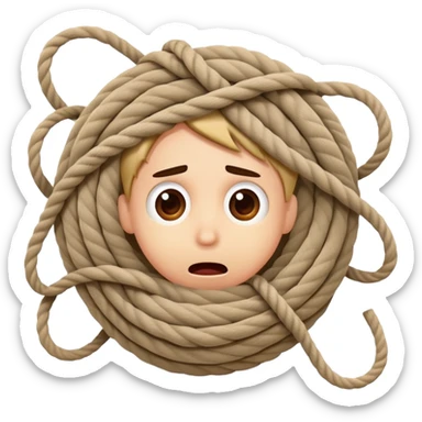 A cartoon person comically tangled and wrapped in rope with a silly surprised expression, looking confused sticker