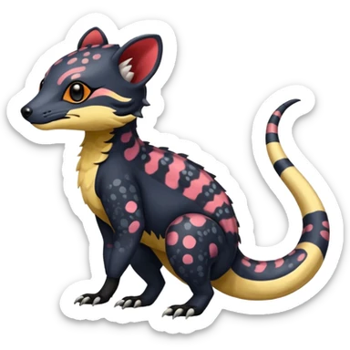 Rare warm-colored exotic cute epic aesthetic colorful Salandit-Civet-species-Fakemon-hybrid-creature, with markings, full body sticker