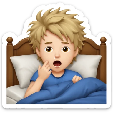 emoji- of a cute boy waking up in bed. He is yawning or rubbing his eyes.  sticker