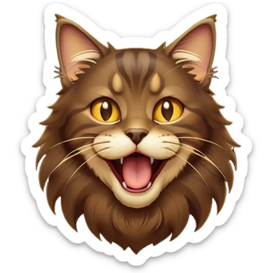 Cinematic Cute Dark Brown Maine Coon Cat Portrait Emoji, Head tilted playfully and yawning, sleek deep brown and gold tones with subtle hints of black, Simplified yet adorable features, highly detailed, glowing with a warm, friendly glow, high shine, curious and affectionate, stylized with a touch of whimsy, bright and alert, soft glowing outline, capturing the essence of a mischievous yet loving kitten, so endearing it feels like it could leap out of the screen and stretch with its fluffy tail swishing! sticker
