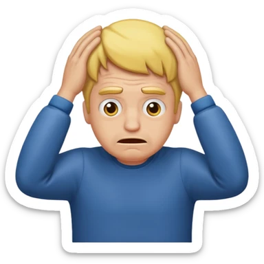 A white man sits at his desk, clutching his head in his hands. sticker