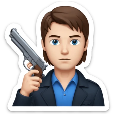 guy w medium long brown hair and blue eyes with gun pointed up at his chin sticker