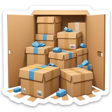 Generate a realistic emoji-style of a overfilled storage room where the packages are falling over sticker