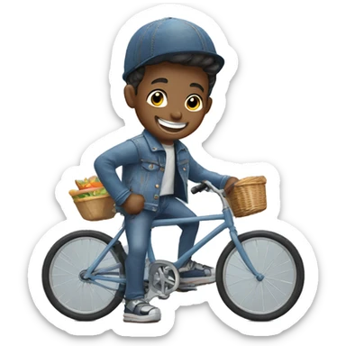 smiling boy in denim jacket rubbing a bicycle  sticker