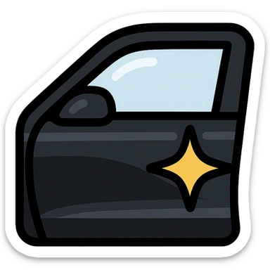 small bright star icon on glossy black surface of a high-end vehicle, main color glossy black, subtle reflections, emphasis on mirror-like shine, modern and clean, not overloaded sticker