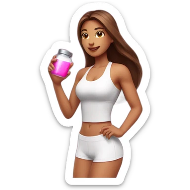 fitness girl with straight long brown hair, wearing a white strappy tops and holding a pink magic potion sticker