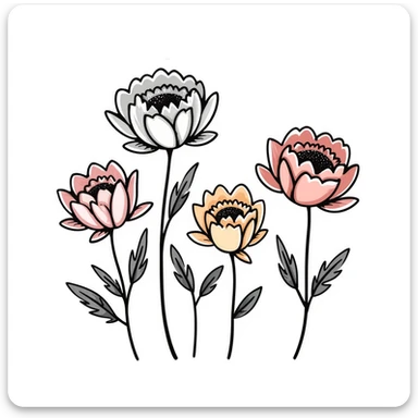 peony flowers with lush petals and leaves in pastel colors dd9fb0 ffc6d3 a3bfc9 c4bee2 f1b091, hand-drawn doodle style sticker