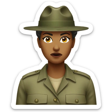 a female drill sergeant showing full torso wearing a classic sergeant hat and a camouflage army shirt. The character should have an angry intense expression.  sticker