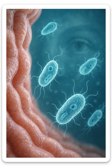A detailed macro-style image of a translucent human intestinal wall under extreme magnification. Floating nearby are multiple protozoa — small, semi-transparent, shapeshifting organisms with flagella or cilia, glowing faintly under the microscope. In contrast, a faded overlay silhouette of a human eye is shown in the background, symbolizing how these organisms are invisible to unaided vision. The scene is softly lit with cool bluish tones, evoking a clinical and microscopic atmosphere. Focus is hyper-sharp on the protozoa, with blurred organic tissue textures in the background. Educational yet haunting, it shows how much remains unseen inside the body sticker