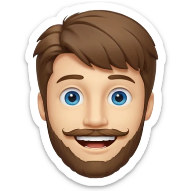 25 year old man, short scruffy beard and sparse moustache, brown puffy mullet, blue eyes, big smile, white teeth, big lips, pronounced jaw, hair longer in back, sticking up on top sticker