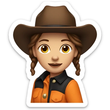 jumping brunette cow girl tan skin skin, orange burnt coat, black hat sticker