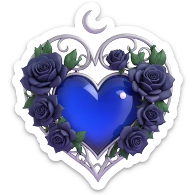mysterious gothic heart, midnight blue glass, silver crescent moon, large black roses embellishing the heart, rich and elegant sticker