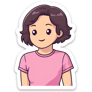 young brunette woman with short wavy hair to shoulders, wearing a pink t-shirt sticker