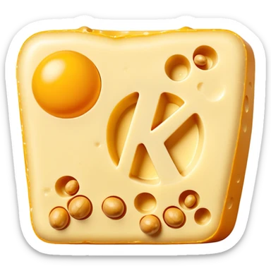 Ethereal glowing vitamin K2 symbol surrounded by aged cheese, golden egg yolk, and natto. A single bone floats nearby with a golden dot where calcium is being properly deposited, showing how K2 guides calcium to strengthen bones. sticker