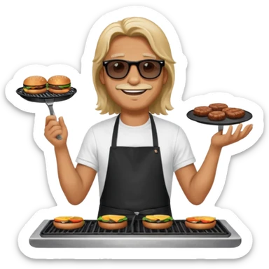 long hair man grilling wearing shade smiling in a white tshirt and a black apron grilling burger and meat on a sizzling grill sticker