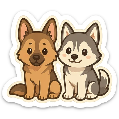 chibi sticker of two dogs, one German Shepherd and one Husky, sitting together, inspired by the reference photo sticker